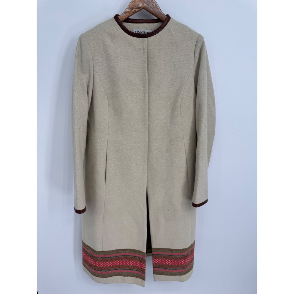 J. Peterman Wool Blend Coat Women 6 Beige Leather Trim Southwestern Hem Car Coat